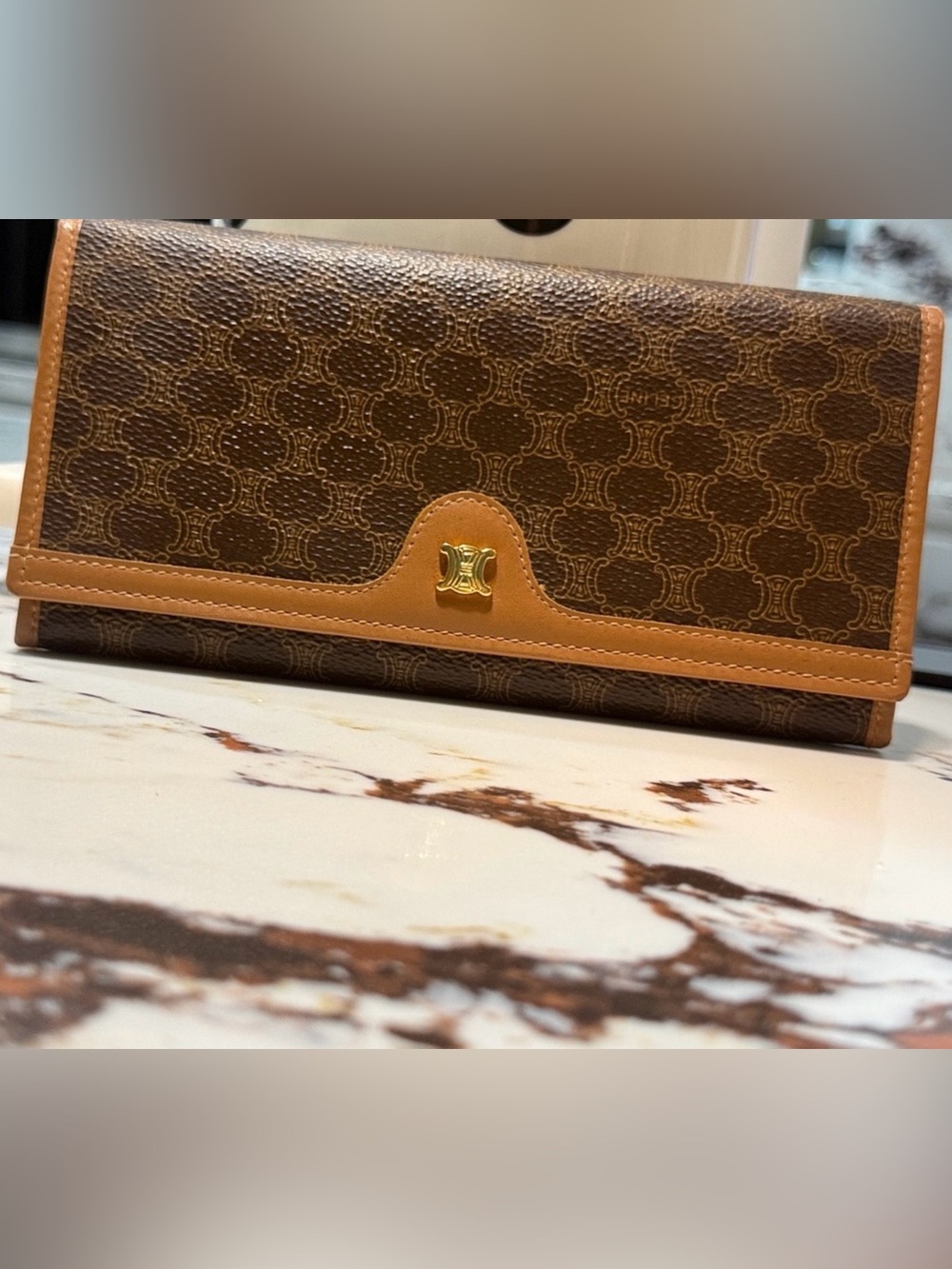 CELINE Monogram Wallet with Tan Leather Trim